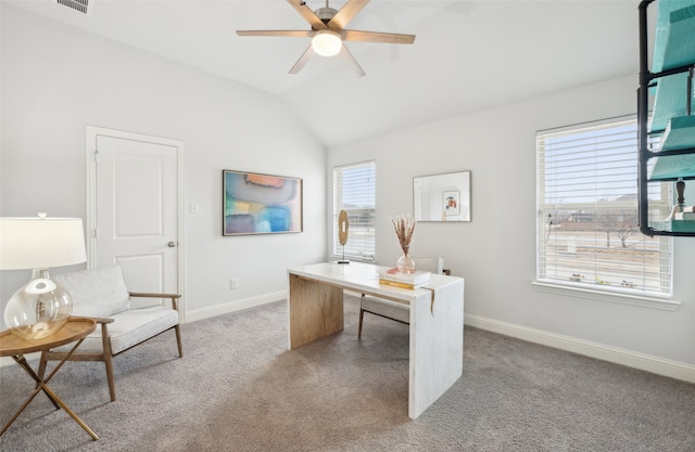 office with lofted ceiling, light colored carpet, and ceiling fan