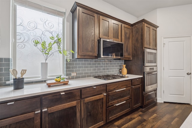 kitchen featuring dark brown cabinetry, decorative backsplash, dark wood-type flooring, and appliances with stainless steel finishes