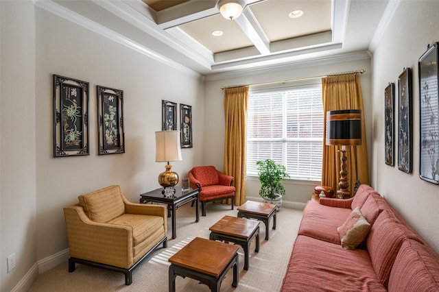 living area with beamed ceiling, ornamental molding, coffered ceiling, and carpet