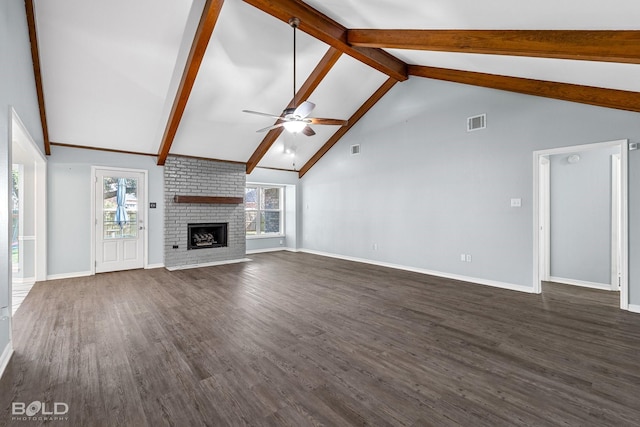 unfurnished living room with high vaulted ceiling, a fireplace, beamed ceiling, dark hardwood / wood-style flooring, and ceiling fan