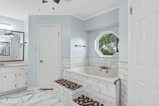 bathroom with ceiling fan, ornamental molding, and vanity