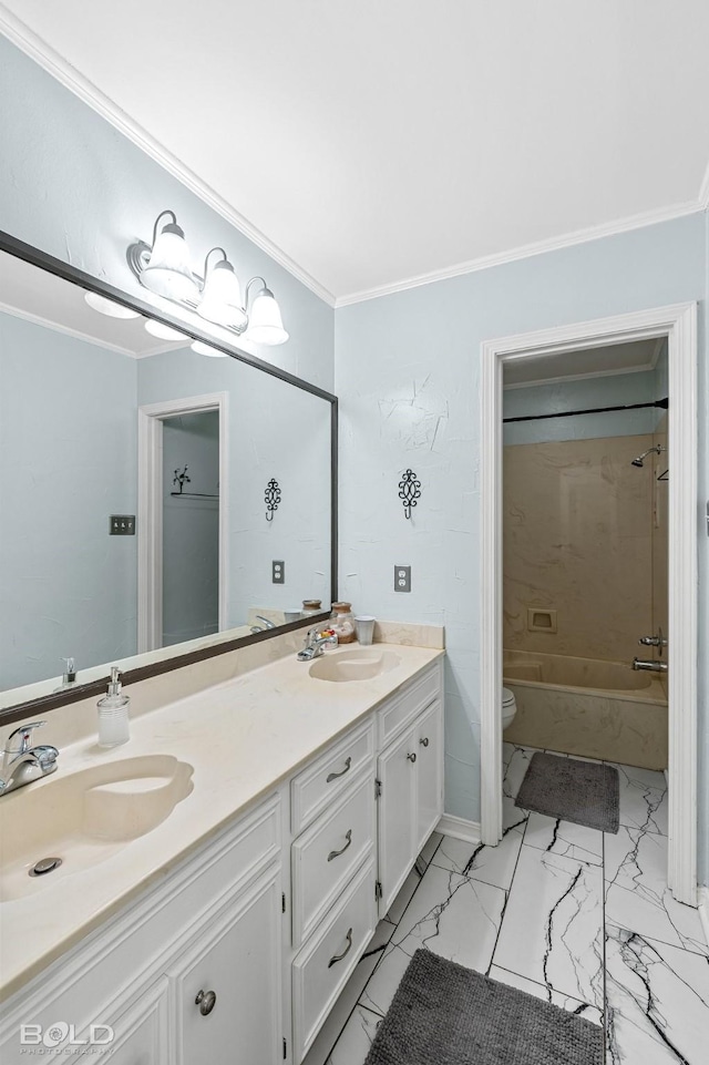 full bathroom with crown molding, vanity, toilet, and bathing tub / shower combination