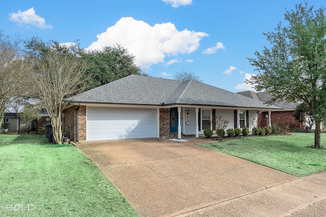 ranch-style house with a garage and a front yard