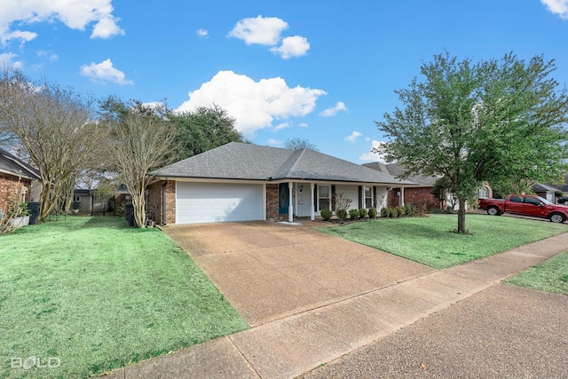 ranch-style home with a garage and a front lawn