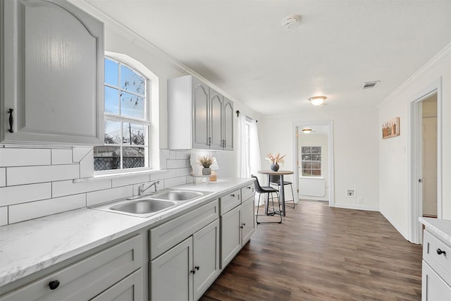 kitchen with crown molding, sink, dark hardwood / wood-style flooring, and decorative backsplash