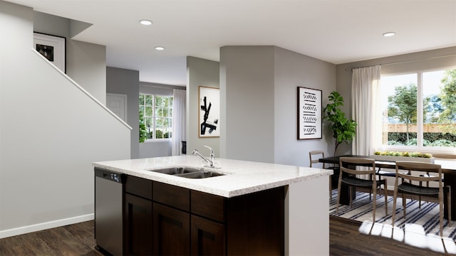 kitchen with recessed lighting, a sink, dark brown cabinets, stainless steel dishwasher, and dark wood-style floors