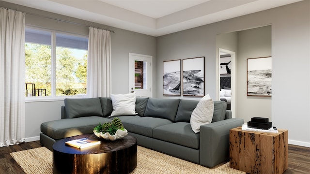 living room with dark wood-style flooring and baseboards