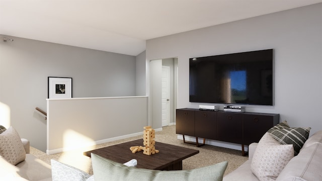 living area featuring carpet flooring, vaulted ceiling, and baseboards