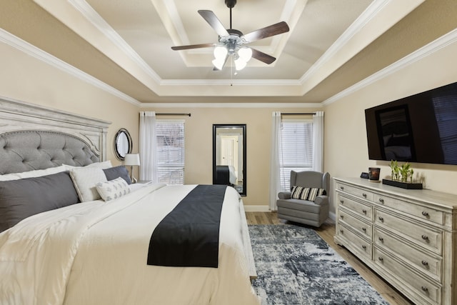 bedroom featuring multiple windows, a raised ceiling, and light wood-type flooring