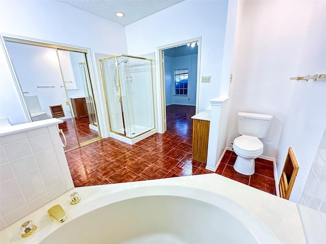 bathroom with toilet, parquet flooring, shower with separate bathtub, and a textured ceiling