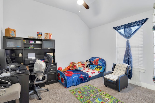 carpeted bedroom featuring ceiling fan and lofted ceiling