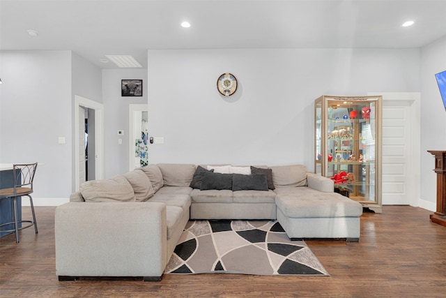 living room featuring dark wood-type flooring