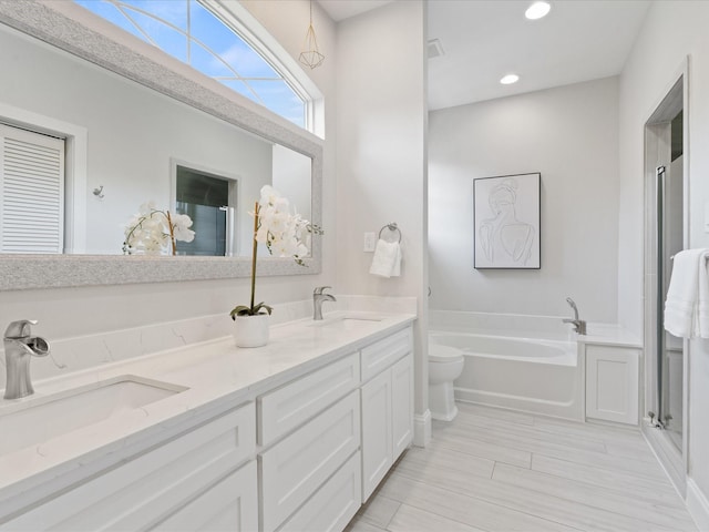 bathroom with vanity, a bathing tub, and toilet