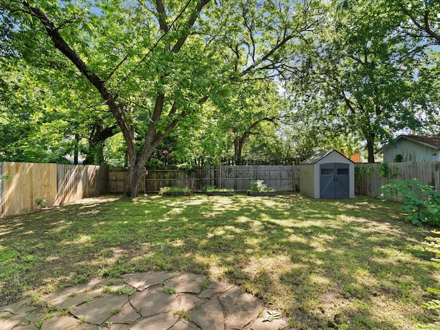 view of yard featuring a storage unit