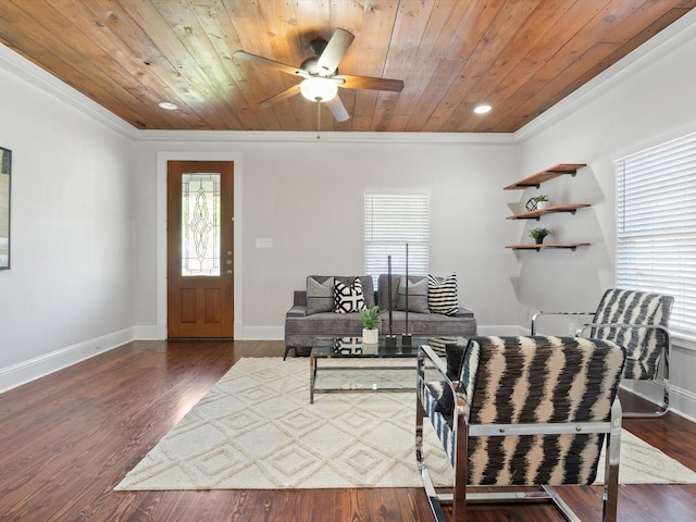 living room featuring ornamental molding, dark hardwood / wood-style floors, wooden ceiling, and ceiling fan