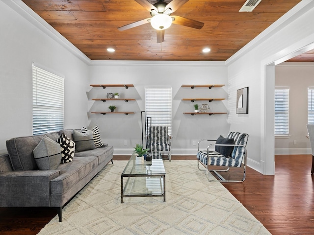 living room with crown molding, hardwood / wood-style flooring, wooden ceiling, and ceiling fan