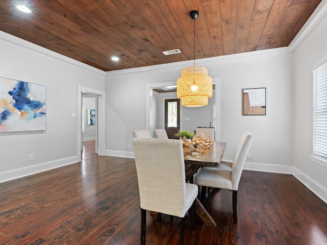 dining space featuring crown molding, dark wood-type flooring, and wooden ceiling