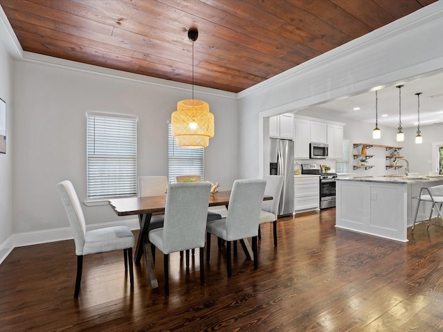 dining space featuring crown molding, dark wood-type flooring, sink, and wood ceiling