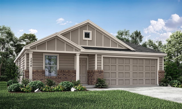 english style home with a front lawn and a garage