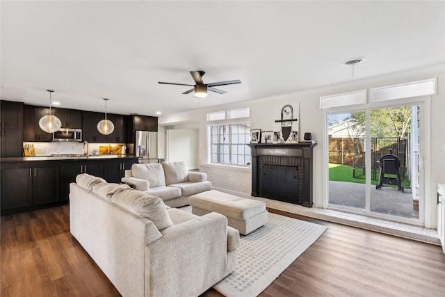 living room with a healthy amount of sunlight, a fireplace, and dark hardwood / wood-style flooring