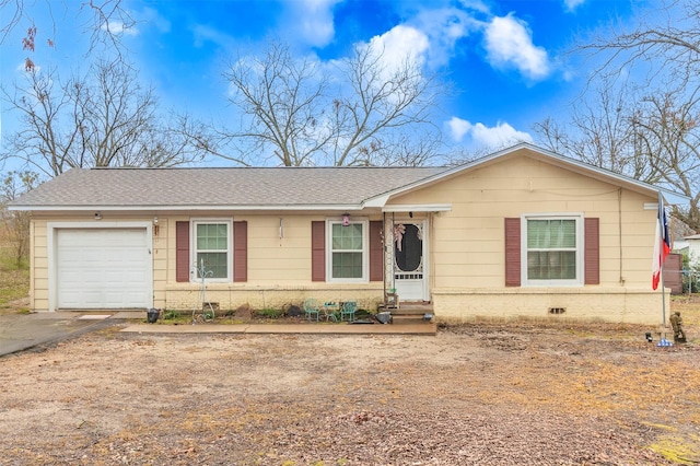 single story home with a garage, driveway, entry steps, a shingled roof, and crawl space