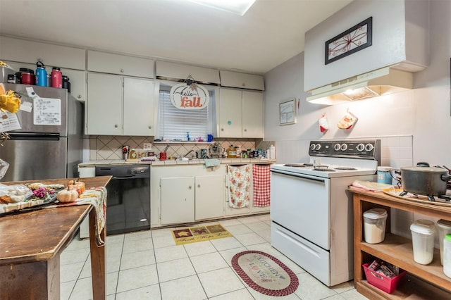 kitchen featuring decorative backsplash, black dishwasher, freestanding refrigerator, and white range with electric cooktop