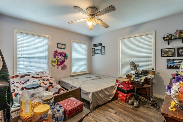 bedroom with multiple windows, wood finished floors, and ceiling fan