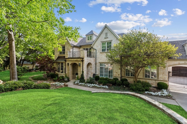 650 Maple Creek Dr, Fairview, TX 75069 - tudor home with stone siding, a balcony, a front yard, a garage, and driveway