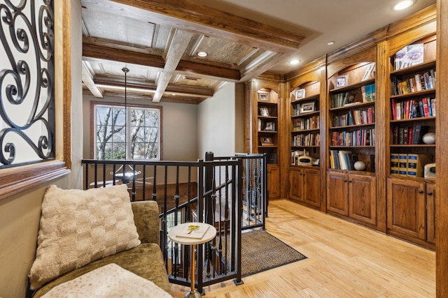 650 Maple Creek Dr, Fairview, TX 75069 - sitting room with an upstairs landing, light wood-type flooring, coffered ceiling, beam ceiling, and recessed lighting