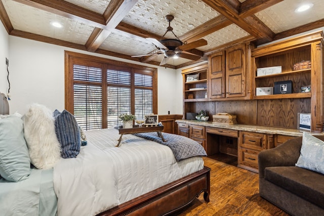 650 Maple Creek Dr, Fairview, TX 75069 - bedroom with dark wood-style flooring, coffered ceiling, beamed ceiling, and wainscoting
