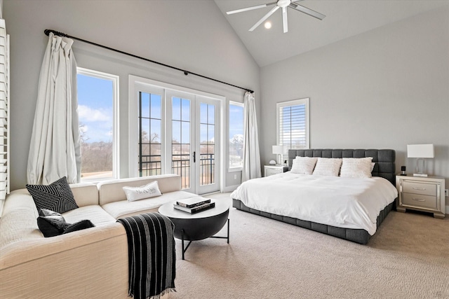 bedroom featuring ceiling fan, access to exterior, high vaulted ceiling, carpet floors, and french doors