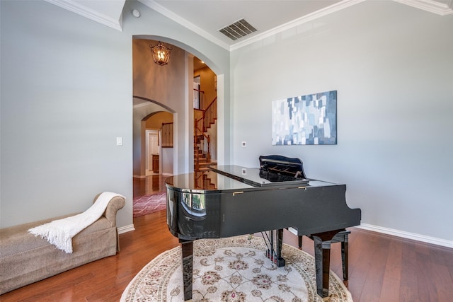 9720 Birdville Way, Fort Worth, TX 76244 - home office featuring arched walkways, crown molding, wood finished floors, and baseboards