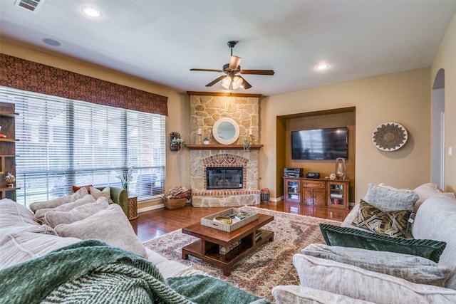 9720 Birdville Way, Fort Worth, TX 76244 - living area featuring a ceiling fan, a fireplace, wood finished floors, recessed lighting, and baseboards