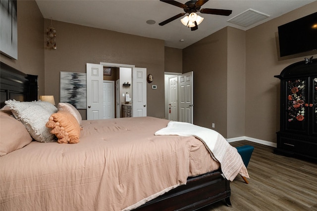 bedroom with wood-type flooring and ceiling fan