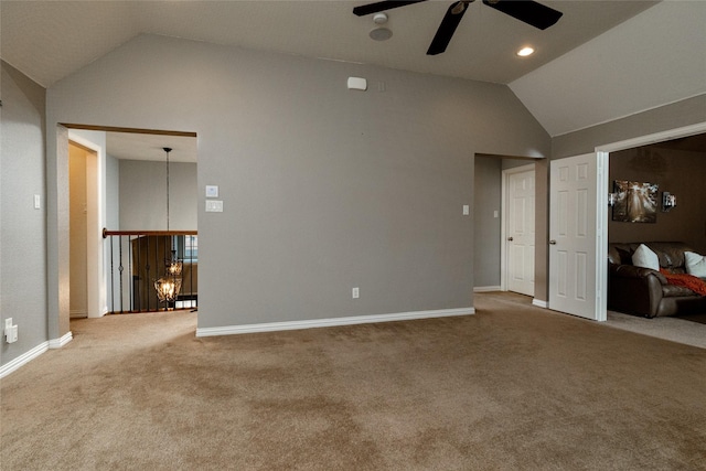 unfurnished bedroom with lofted ceiling, ceiling fan, and carpet flooring