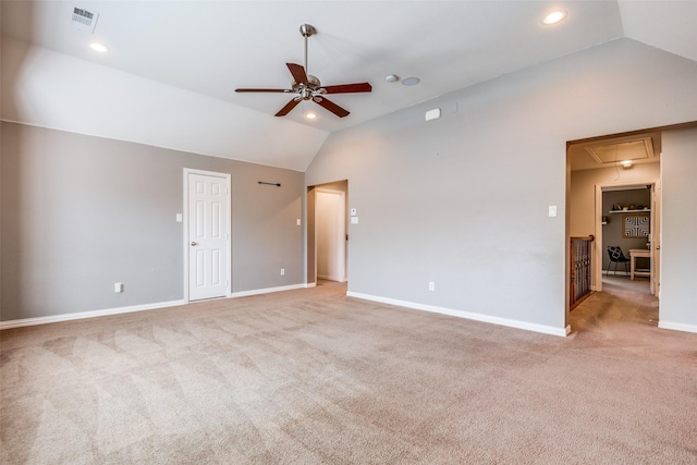 9720 Birdville Way, Fort Worth, TX 76244 - empty room with lofted ceiling, a ceiling fan, attic access, light colored carpet, and baseboards