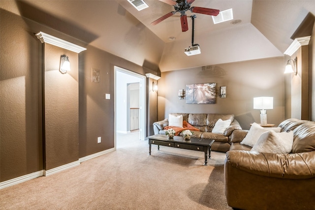9720 Birdville Way, Fort Worth, TX 76244 - living room featuring a ceiling fan, carpet floors, lofted ceiling, a skylight, and baseboards