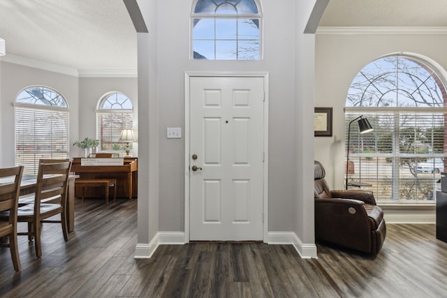 entrance foyer with crown molding and dark hardwood / wood-style floors