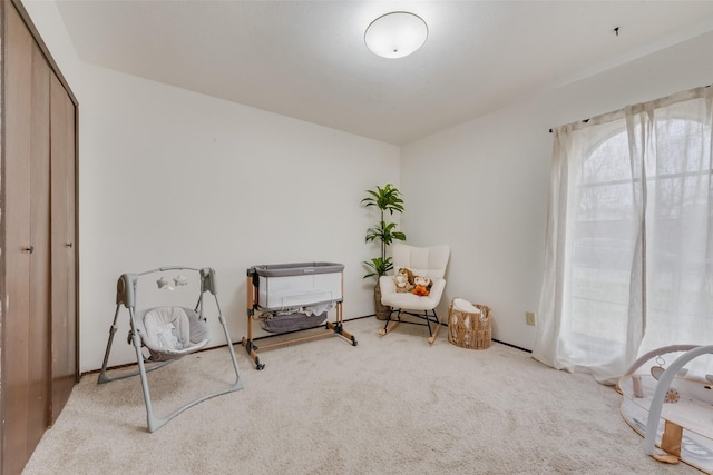 living area featuring light carpet