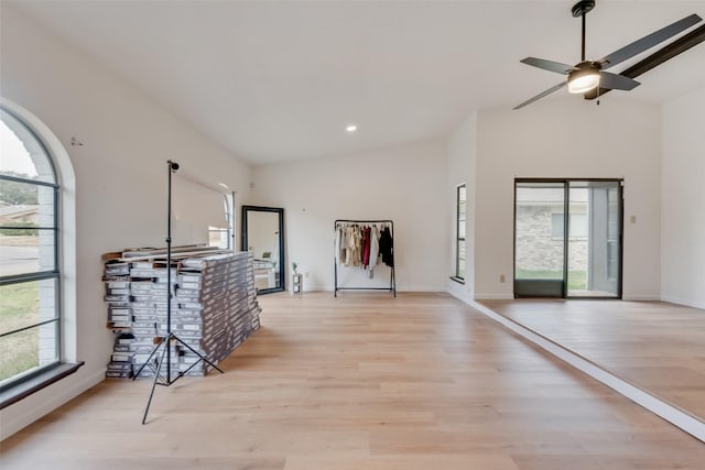 interior space with ceiling fan, plenty of natural light, and light wood-type flooring