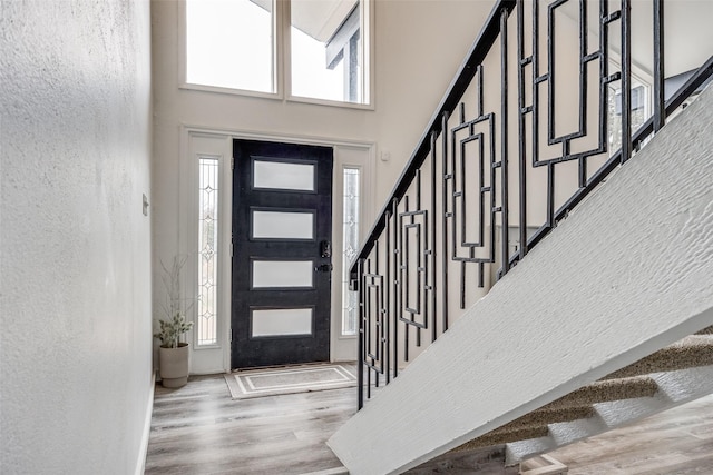 entrance foyer featuring wood-type flooring, a healthy amount of sunlight, and a high ceiling