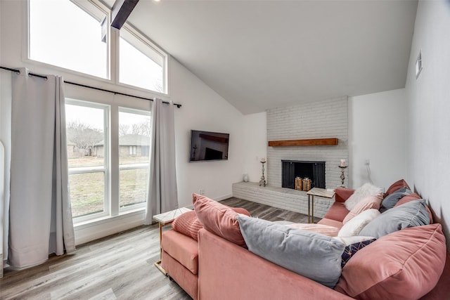 living room with light hardwood / wood-style flooring, a fireplace, a wealth of natural light, and high vaulted ceiling