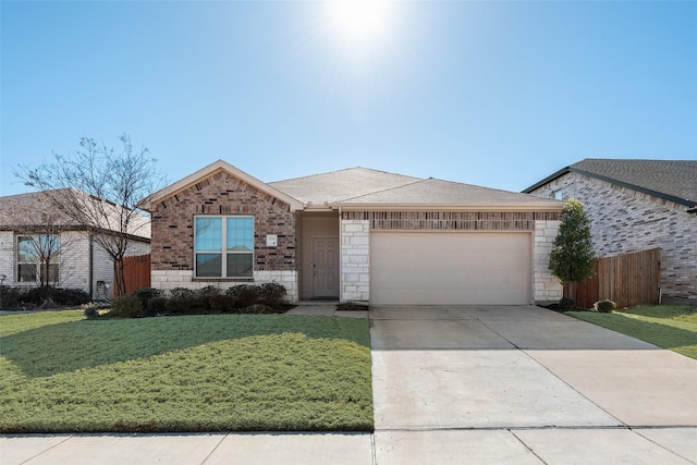 ranch-style house featuring driveway, stone siding, fence, a garage, and a front yard