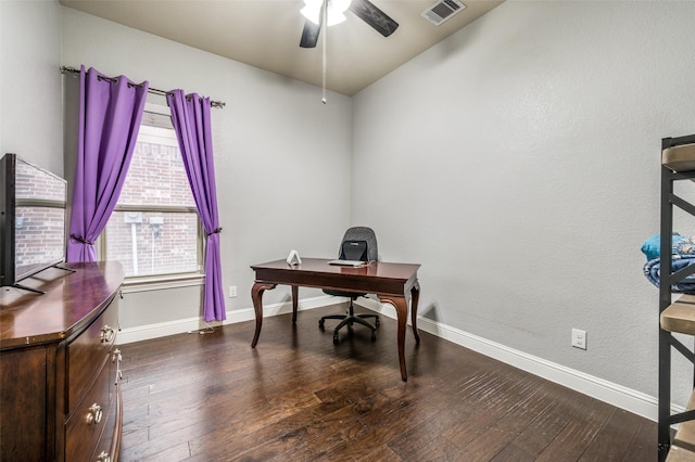 15805 Rockingham St, Frisco, TX 75036 - office featuring ceiling fan, dark wood finished floors, and baseboards
