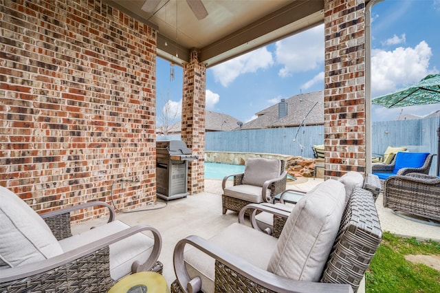 15805 Rockingham St, Frisco, TX 75036 - fenced backyard featuring a ceiling fan, grilling area, an outdoor hangout area, and a patio