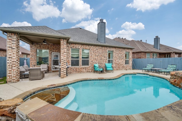 15805 Rockingham St, Frisco, TX 75036 - view of swimming pool with a fenced backyard, a patio, and a ceiling fan