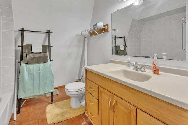 full bathroom with vanity, toilet, shower / bath combination, and tile patterned flooring