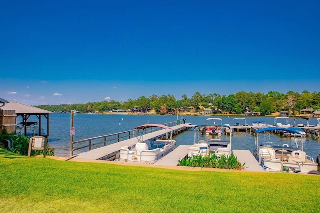 dock area with a water view and a yard