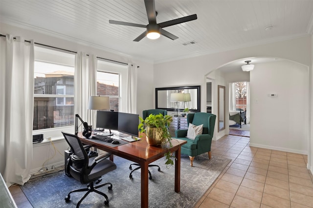 tiled home office featuring ornamental molding, a wealth of natural light, ceiling fan, and wood ceiling