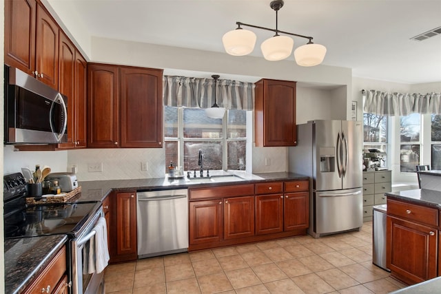 kitchen with pendant lighting, stainless steel appliances, sink, and decorative backsplash